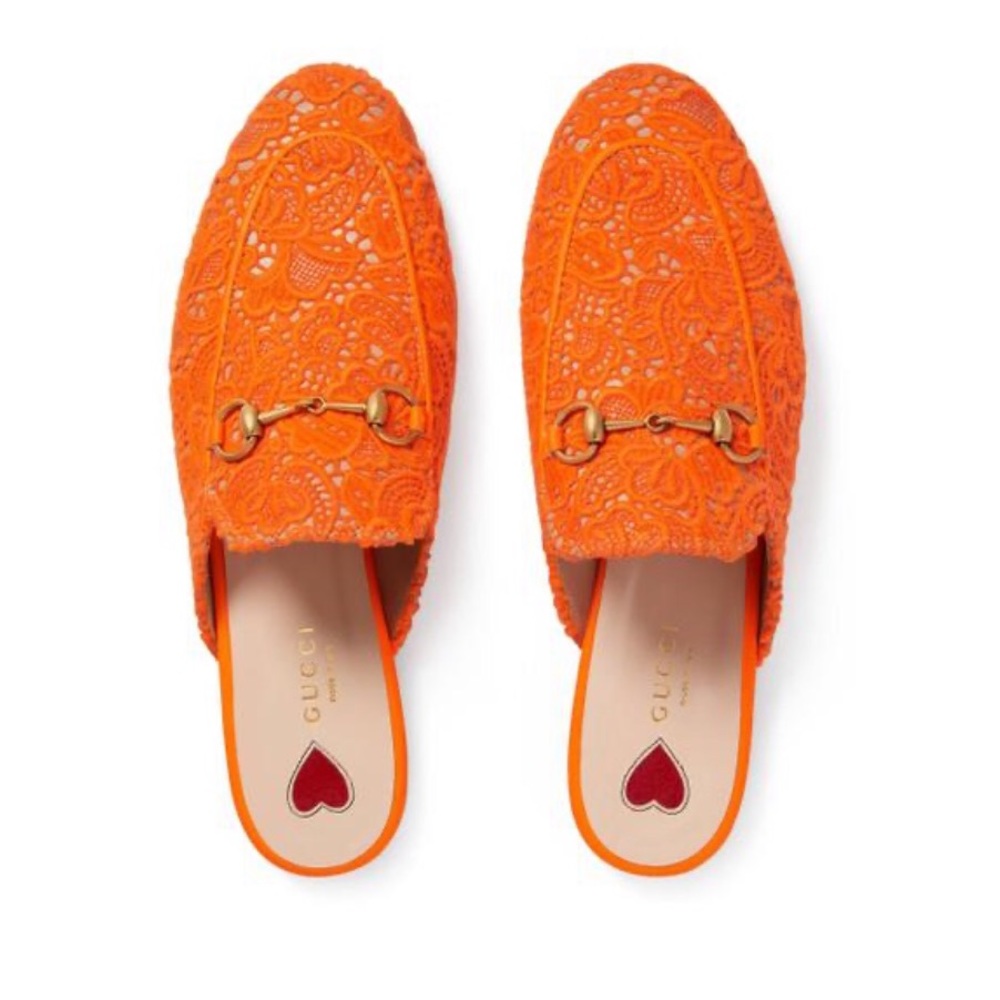 Gucci Orange Princeton floral lace backless loafer
